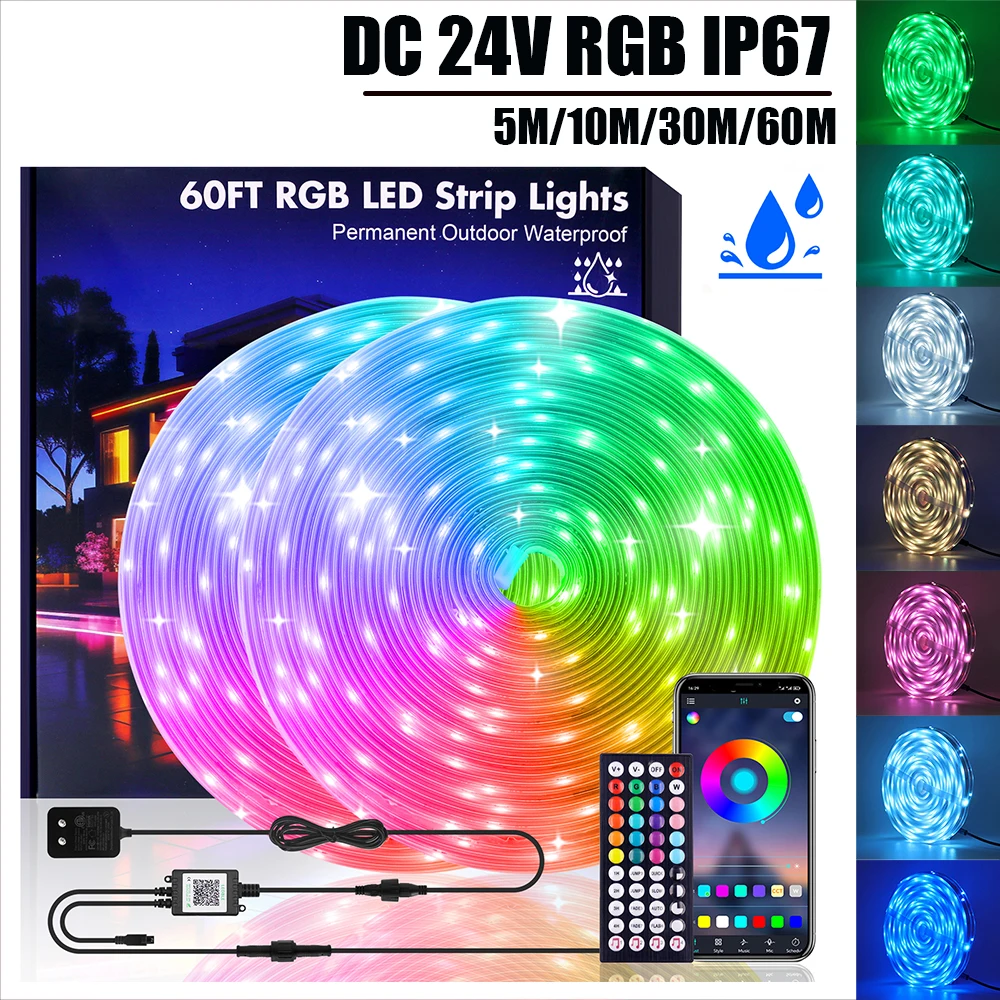 DC 24V IP67 Waterproof Bluetooth APP Control RGB LED Strip 5M 30M 60M Outdoor Garden Home Decor Flexible Ribbon Led Tape Diode