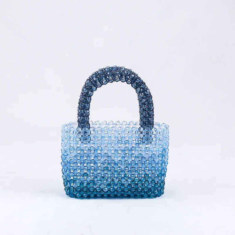 

Fashion Simple Casual Small Women's Square Bag 2024 New Blue Gradient Designer Handbag Summer Handwoven Beaded Bags Open Purse