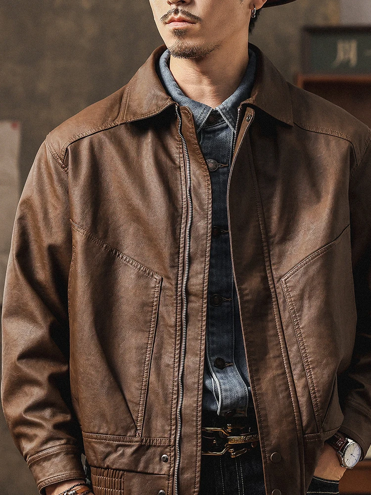 

Винтажная коричневая кожаная куртка из тикового дерева, мужская свободная американская повседневная мотоциклетная куртка-пилот, теплая защита, осенний сезон