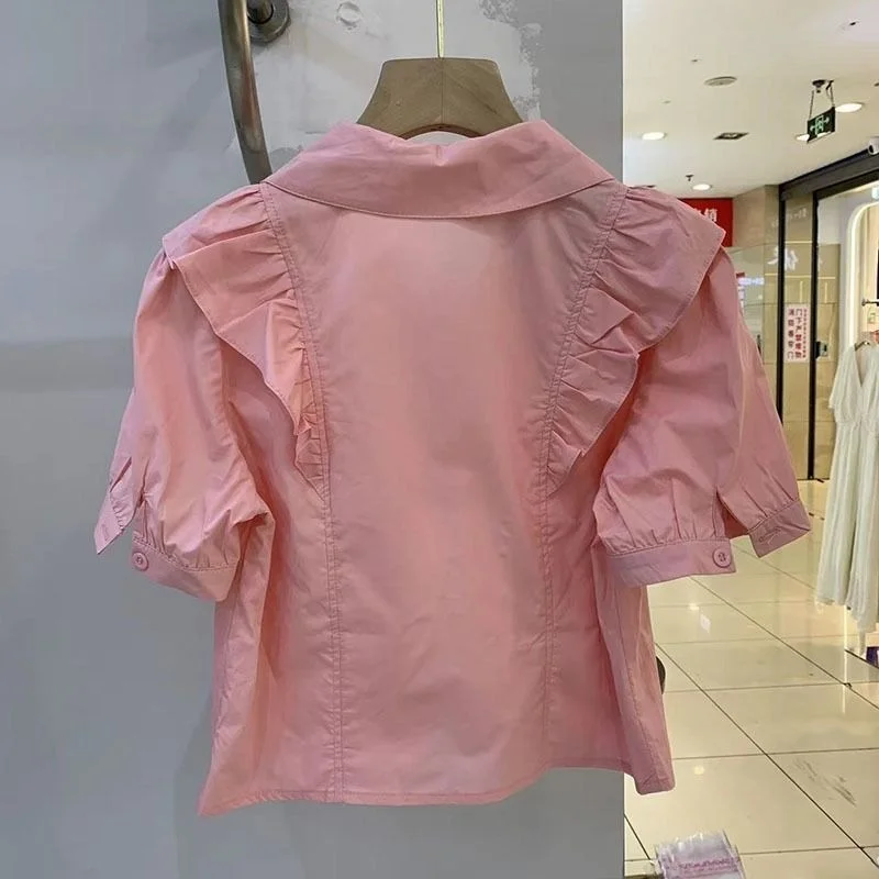 Chemise élégante à col plissé uni, tendance estivale pour femmes, chemise décontractée pour femmes, col de poupée