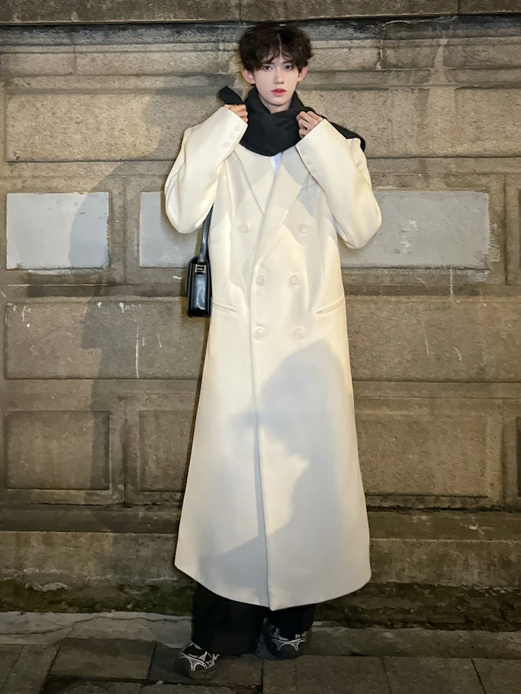 

White Woolen Coat Men's Winter Thiened oulder Padded Coat Long Sle Dinkirk Windbreaker Casual Outerwear Polyester Fiber