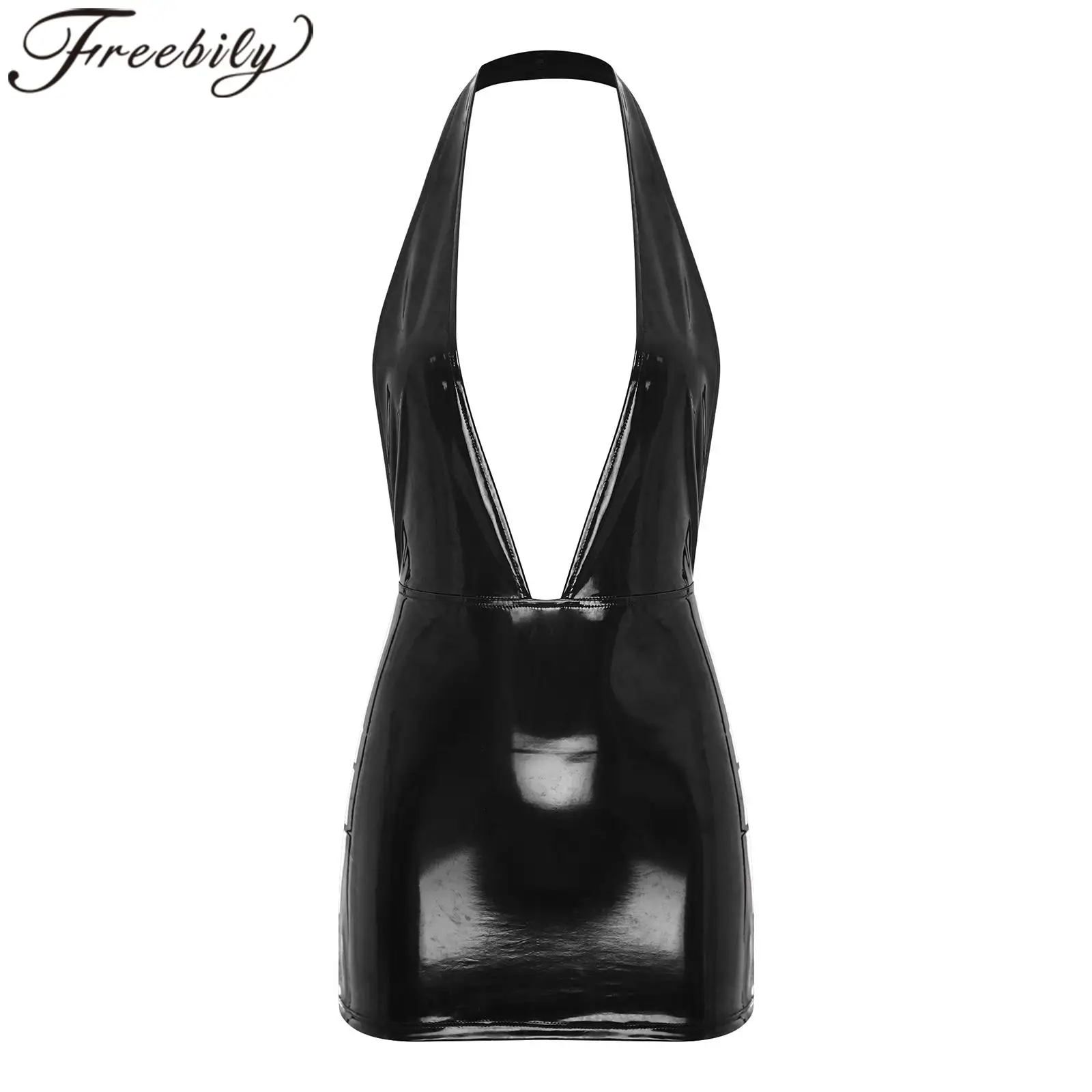 Womens Glossy Mini Dress Wet Look Patent Leather Bodycon Dress Nightclub Outfits V Neck Backless Party Club Clubbing Costumes