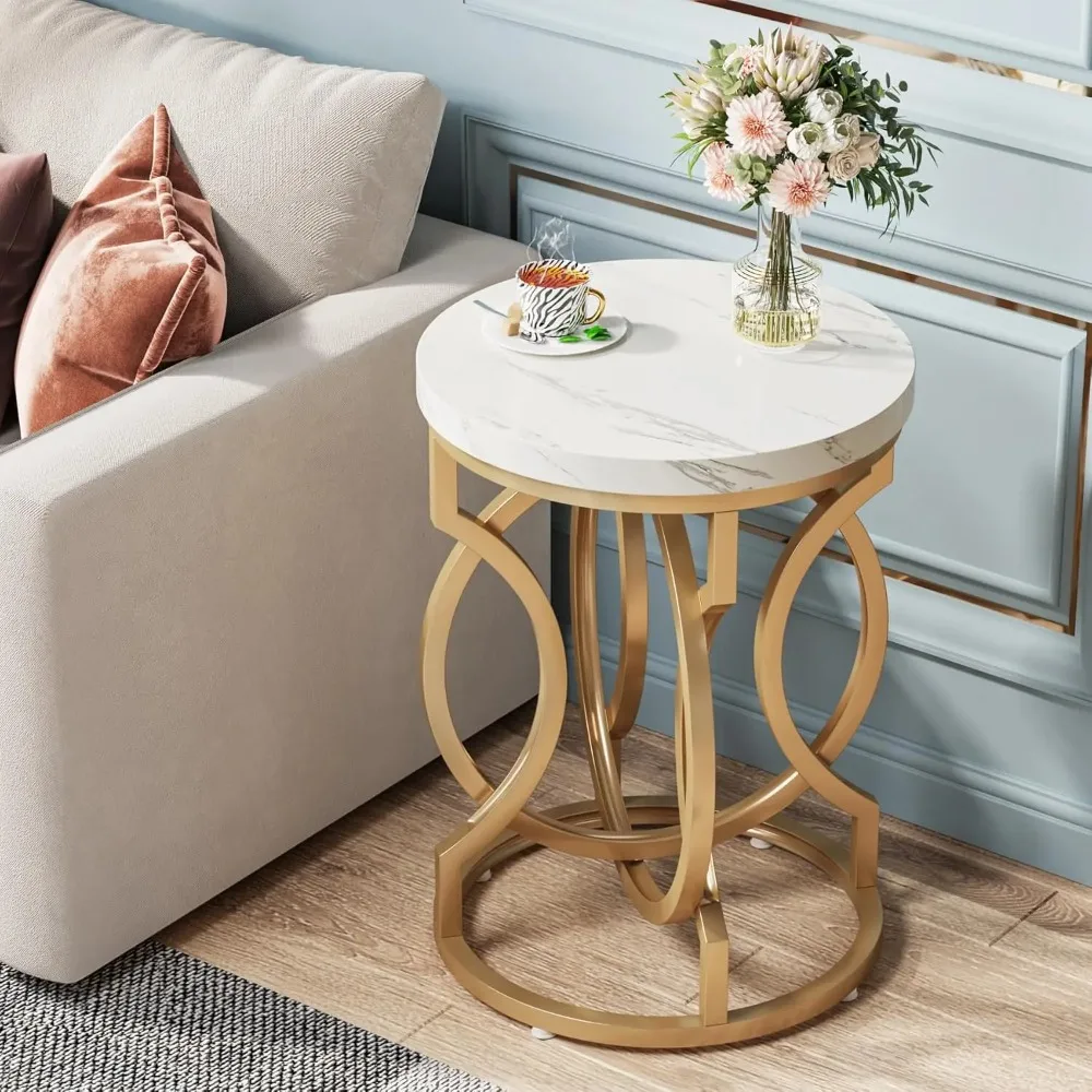 

Round End Table, Multifunctional Accent Side Table, Modern White Gold Nightstand With Faux Marble Tabletop