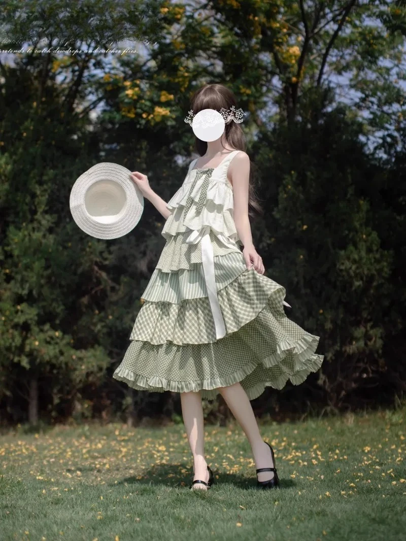 Sukienka Lolita Zielona Falbanka Tort Letnia Nowa Wakacyjna Słodka Dziewczęca Łączona Bez Rękawów Trapezowa Sukienka Midi