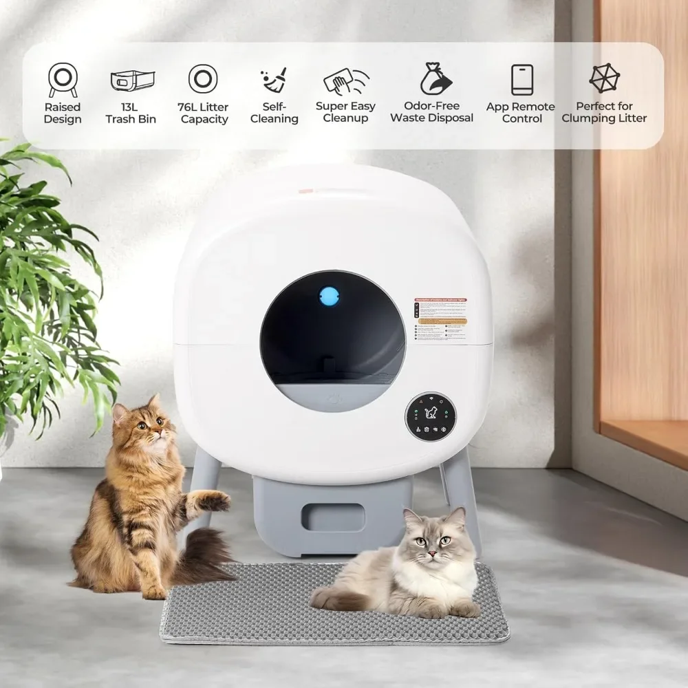 Self Cleaning Cats Litter Box with Mat, Odor-Free Waste Disposal and App Control Ambient Light, White Automatic Cat Litter Box