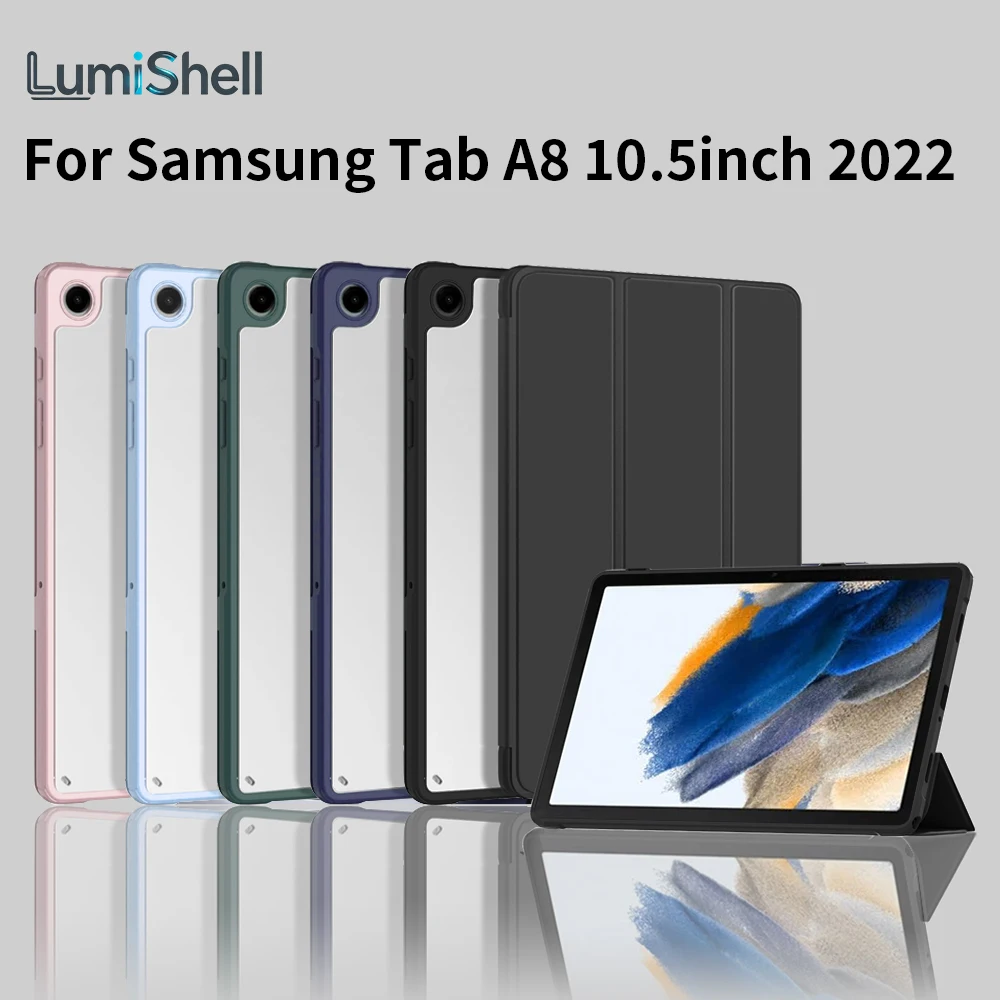 For Samsung Galaxy Tab A8 10.5 Inch 2022 SM-X200 X205 With Pencil Holder, Trifold Stand, Acrylic Clear Back Hard Cover