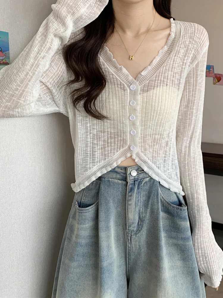 

Корейский вязаный кардиган с длинными рукавами для женщин, летний, с V-образным вырезом, защита от солнца, стильный дизайн, верхняя одежда