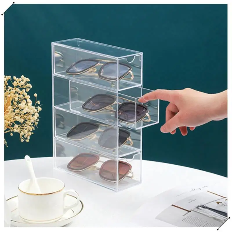 Glasses Storage Box Acrylic Eyeglass Case Clear Eyeglass Holder 4 Layers Large Glasses Organizer Box Durable Easy Install