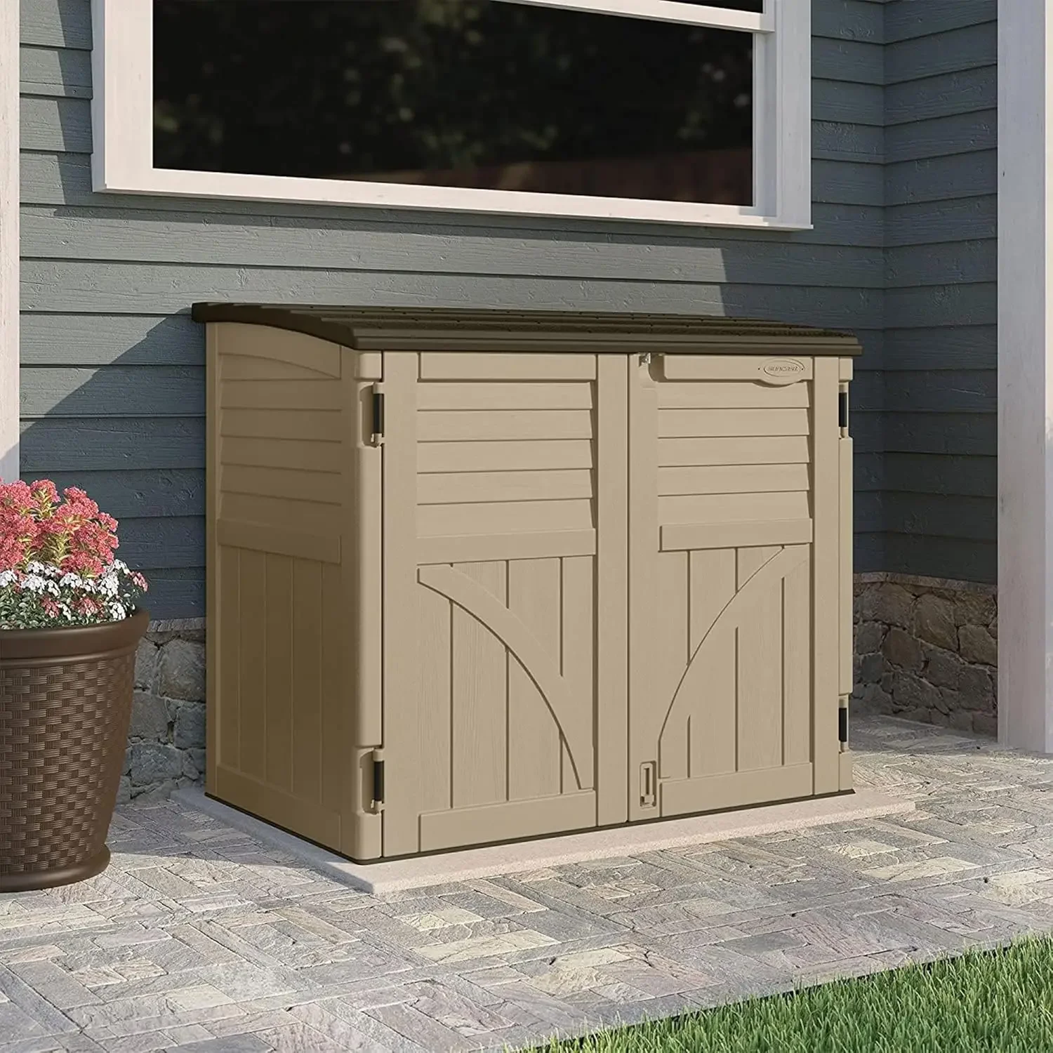 All Weather Lockable Horizontal Plastic Compact Storage Shed for Garden, Backyard, Patio, and Pool Supplies, Sand