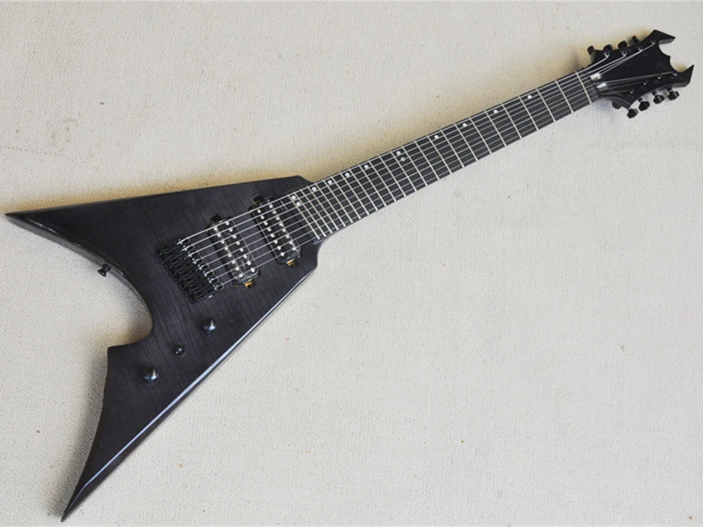 Custom 8 Strings Black V Electric Guitar with Rosewood Fingerboard,Flame Maple Neck and Body