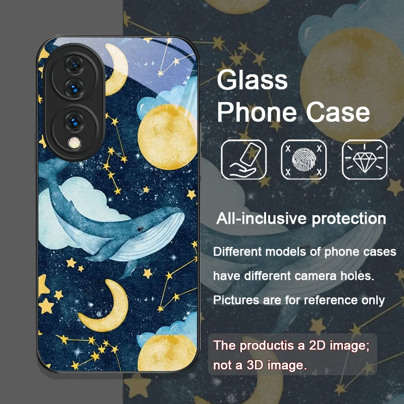 Cartoon Starry Sky Blue Whale Printed Tempered Glass Phone Case for Huawei Nova 13 Pro 12 11 SE 10 P60 Lite Mate 50 60 5G Covers