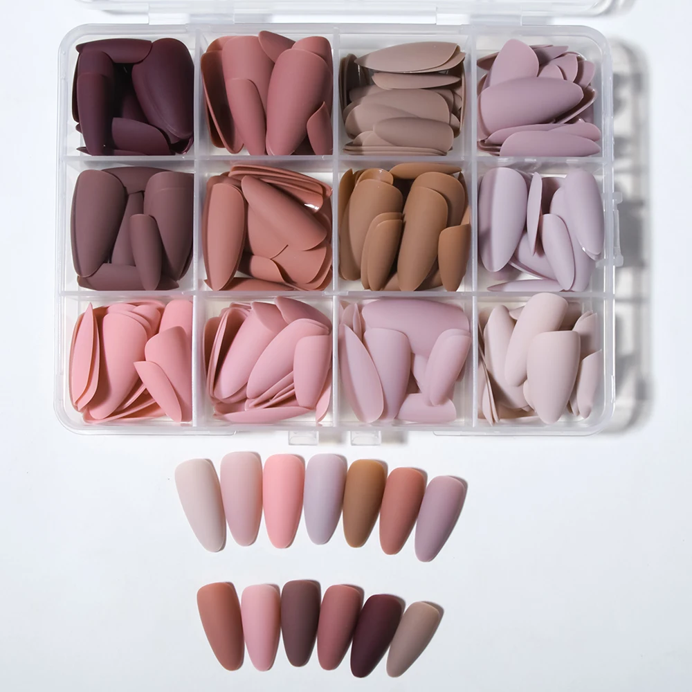 288Pcs (12Mixed)Long Almond Matte Brown Nails Design Acrylic Press On Nails Almond Perfect Fit Acrylic Fake Nail Set, Easy To We