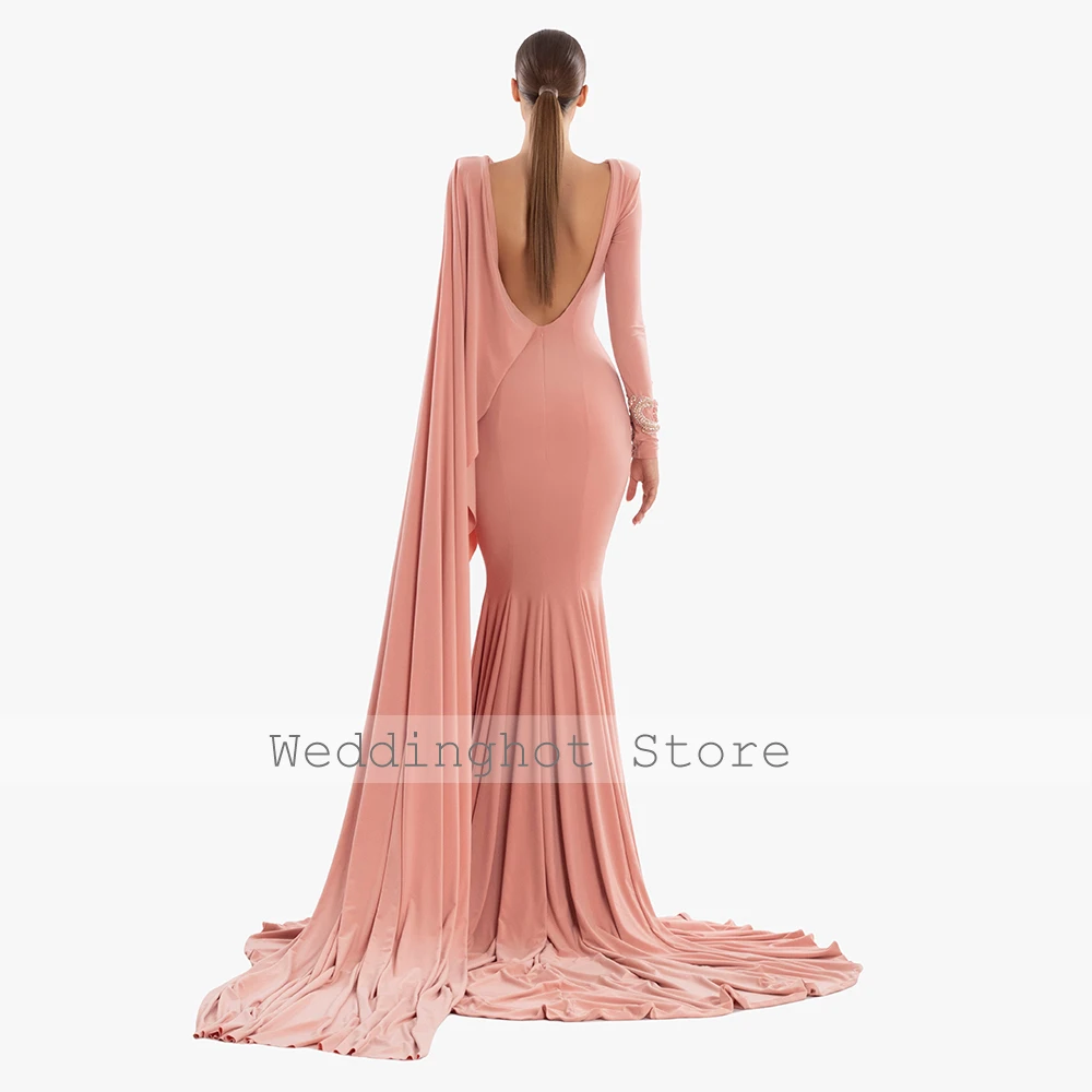 Pink Evening Dress Deep V Neck Backless Long Sleeves Mermaid Sexy Evening Gowns Long Beading Trumpet Women's Formal Party Dress