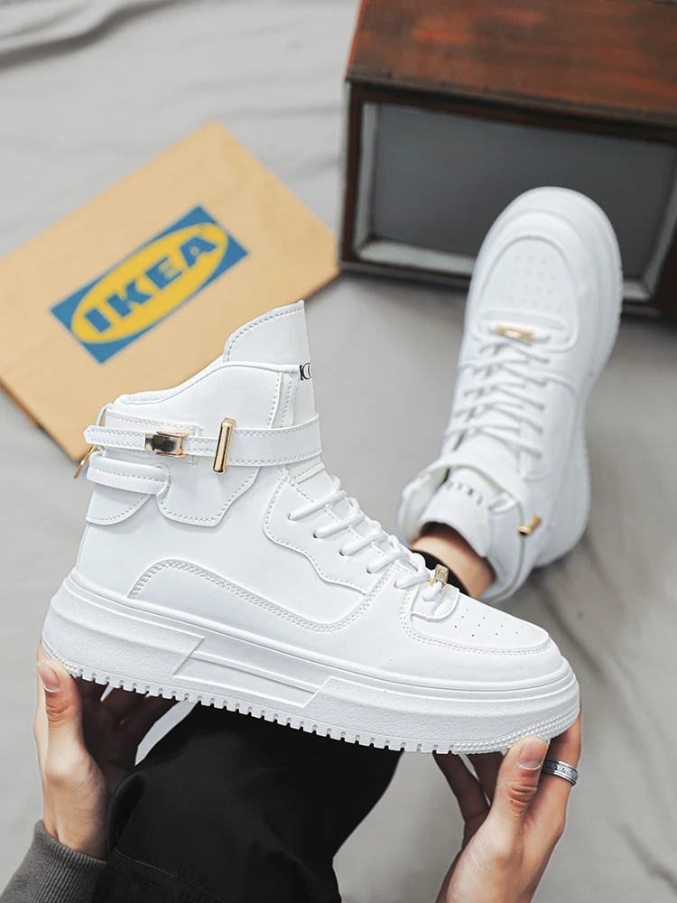 Men's 2026 New Spring Summer Versatile Heightening Shoes 10cm Casual High Top Leather Surface Sports White Sneakers