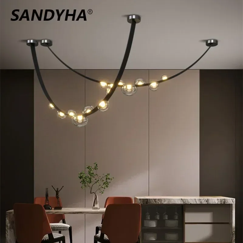 SANDYHA Leather Pendant Lights Led Lamp Glass Lampshade Chandelier for Living Room Table Bedroom Accessories Home Decoration