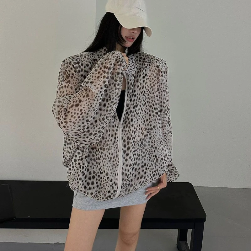 Leopard Sunscreen American Vintage Coat Thin Loose Stand Collar Spice Girls Slim Casual Premium High Street Mujer