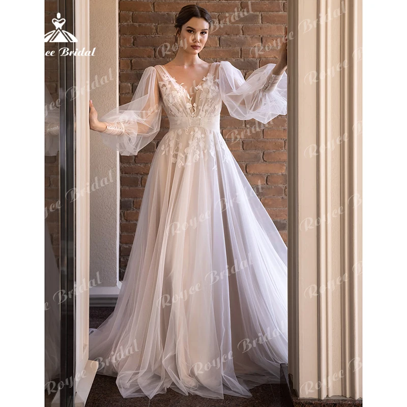 Boho a-line abiti da sposa per le donne principessa scollo a v manica a sbuffo bottone posteriore Appliques di pizzo abiti da sposa Sweep robe de mariée