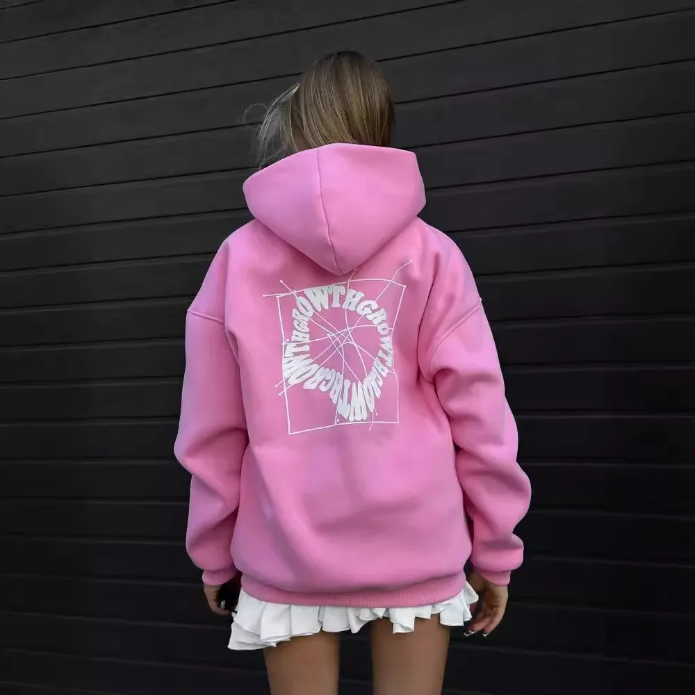 Steet hot sale autumn loose letter print hoodies y2k pink long sleeve pocket top outerwears woman clothing