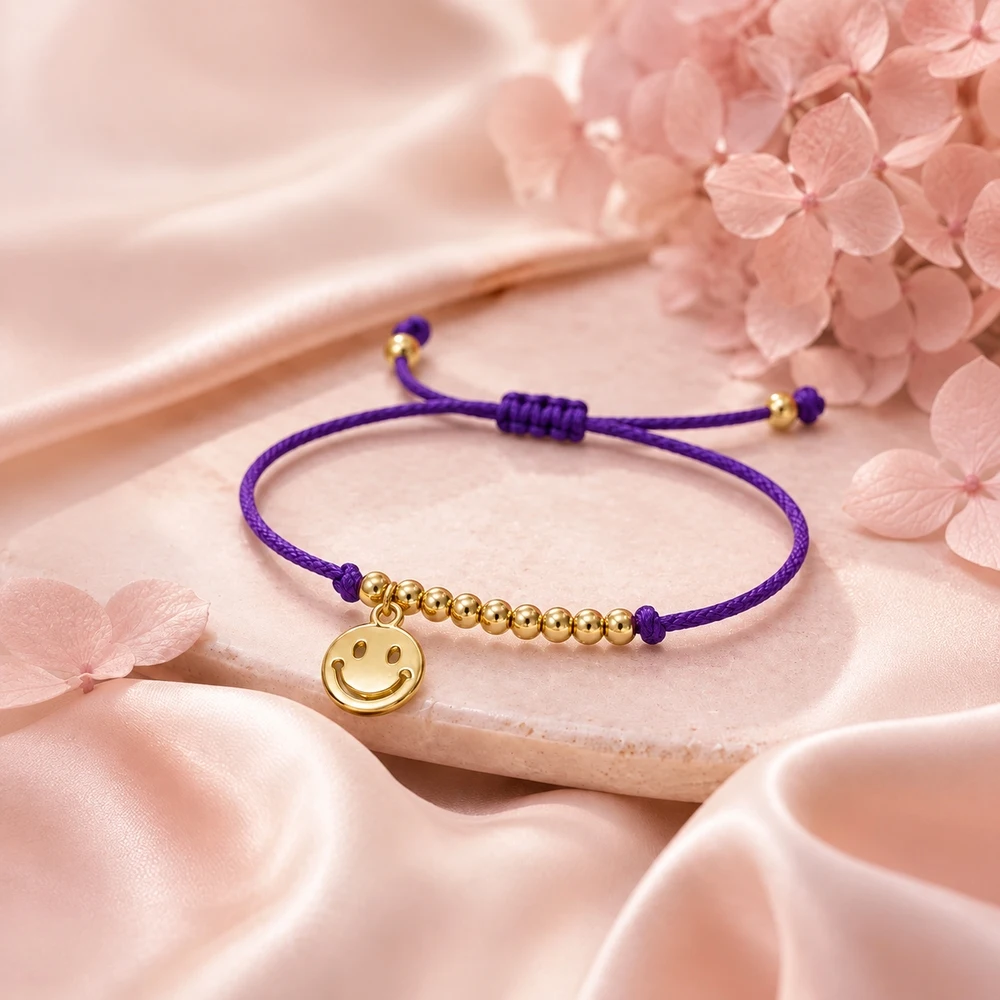 1pc Cute Smiley Face Charm Purple Braided Yarn Cord Strand Bracelet with Copper Beads Adjustable Lace-Up Unisex 28cm