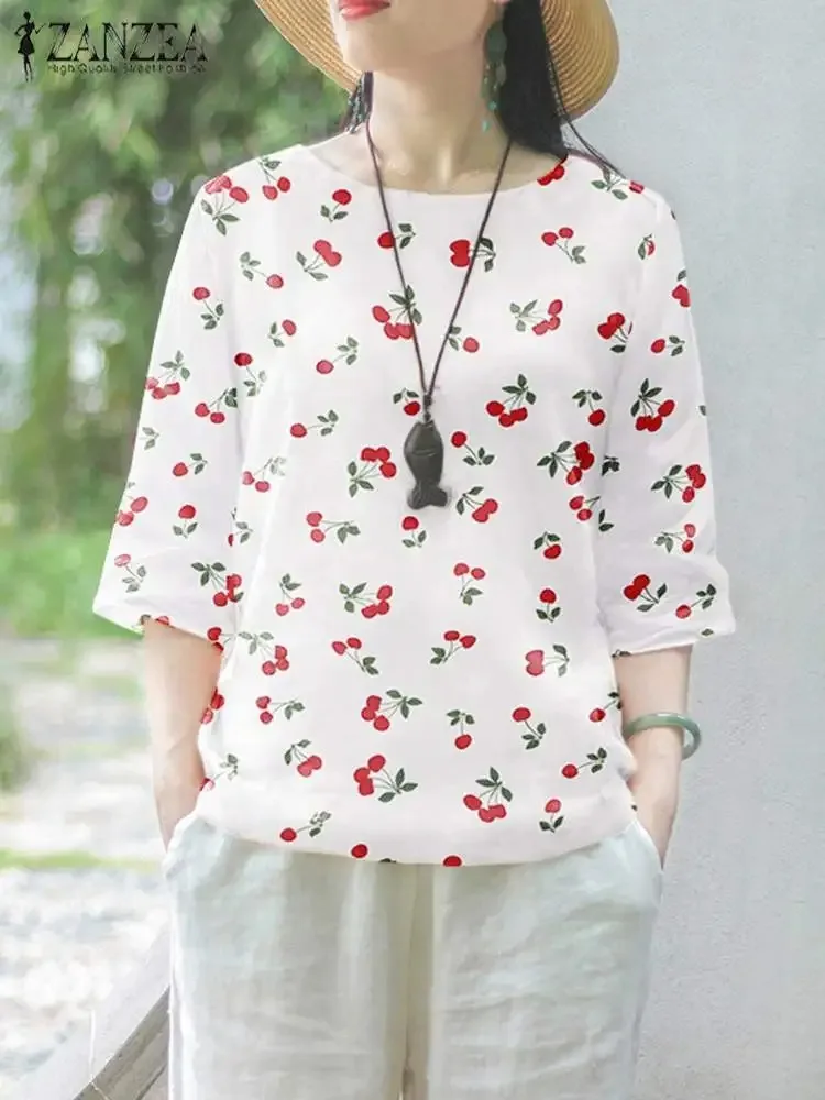 ZANZEA Casual Loose Holiday Korean Blusas Women Cherry Printed Shirt Fashion 3/4 Sleeve Tops Vintage Round Neck Simple Tunics