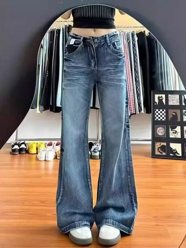 

Retro American Washed Bell Bottom High Waist Slimming Loose Wide Leg Jeans Women's Small Size Floor Length Straight Cut