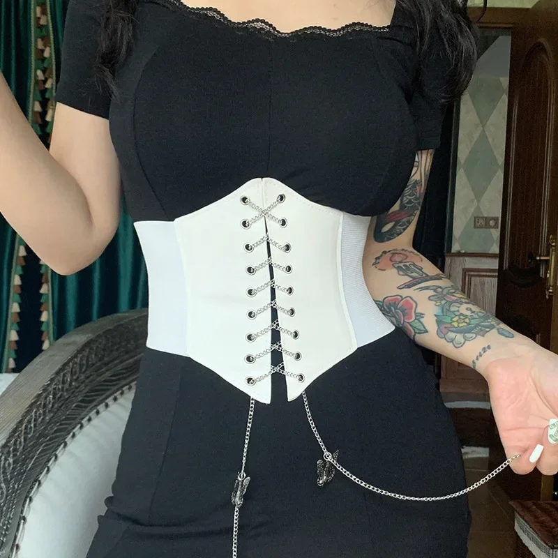 Corset with Butterfly Chain Women Vintage Wide Belts PU Leather Body Shaper Slimming Girdle Waistband Y2k Clothing Accessories