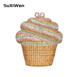 Luxury Ice Cream Crystal Evening Bag Gold Silver Cup Cake Wedding Party Prom Clutch Purse Handbag Lady Chain Shoulder Bag