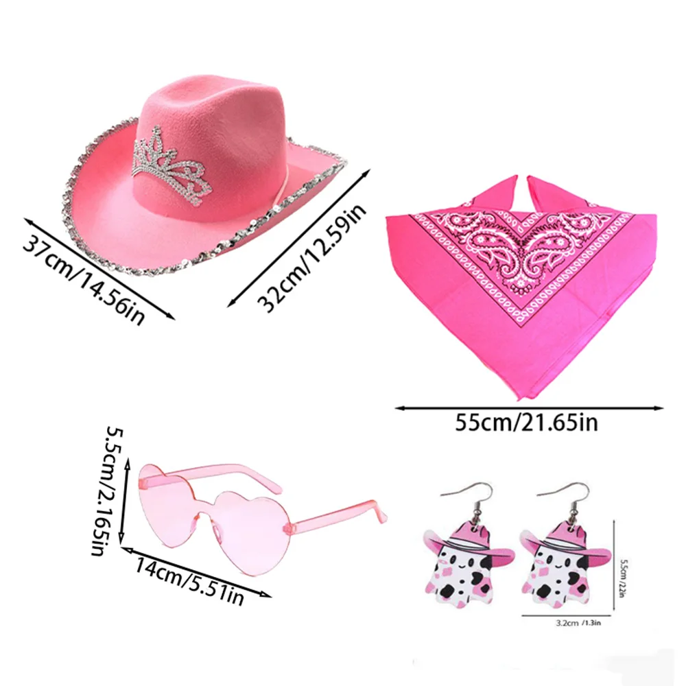 PESENAR Set di accessori in stile denim rosa compresi occhiali da sole a forma di cuore, cappello con diamanti, fazzoletto stampato e graziosi orecchini