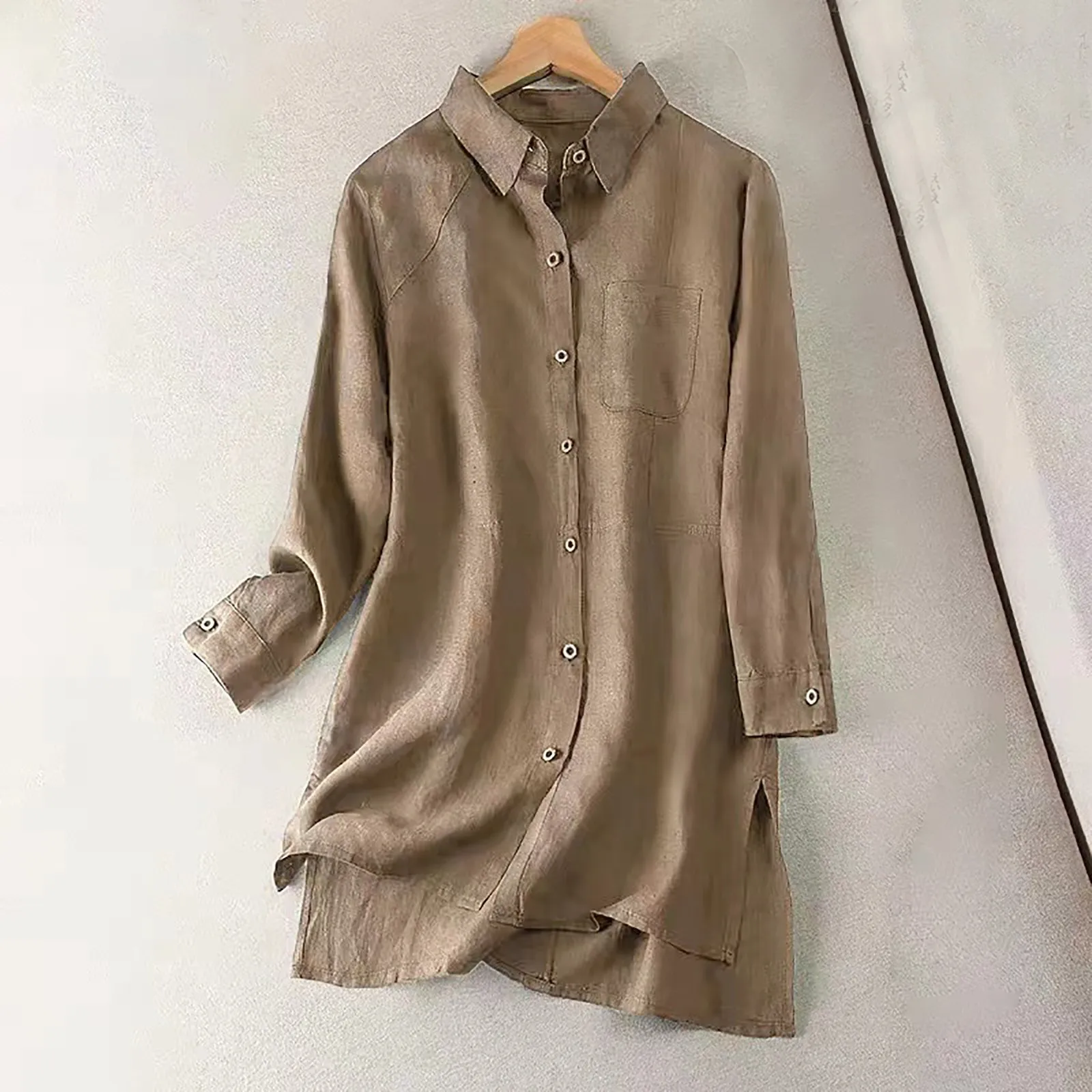 

Women's Tops Summer Solid Color Cotton Linen Shirt Long Sleeve Loose Comfortable Medium Long Linen Breathable Oversized Top