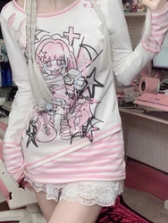 Deeptown漫画グラフィックTシャツ女性用、パッチワークTシャツ、原宿、カワイイ、ヴィンテージ、ストライプ、y2k美的、ホールトップ、日本、カコレレ