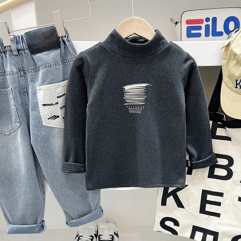 

Korean children's clothing for boys Children's T-shirt German fleece long-sleeved semi-high neck round neck pullover base