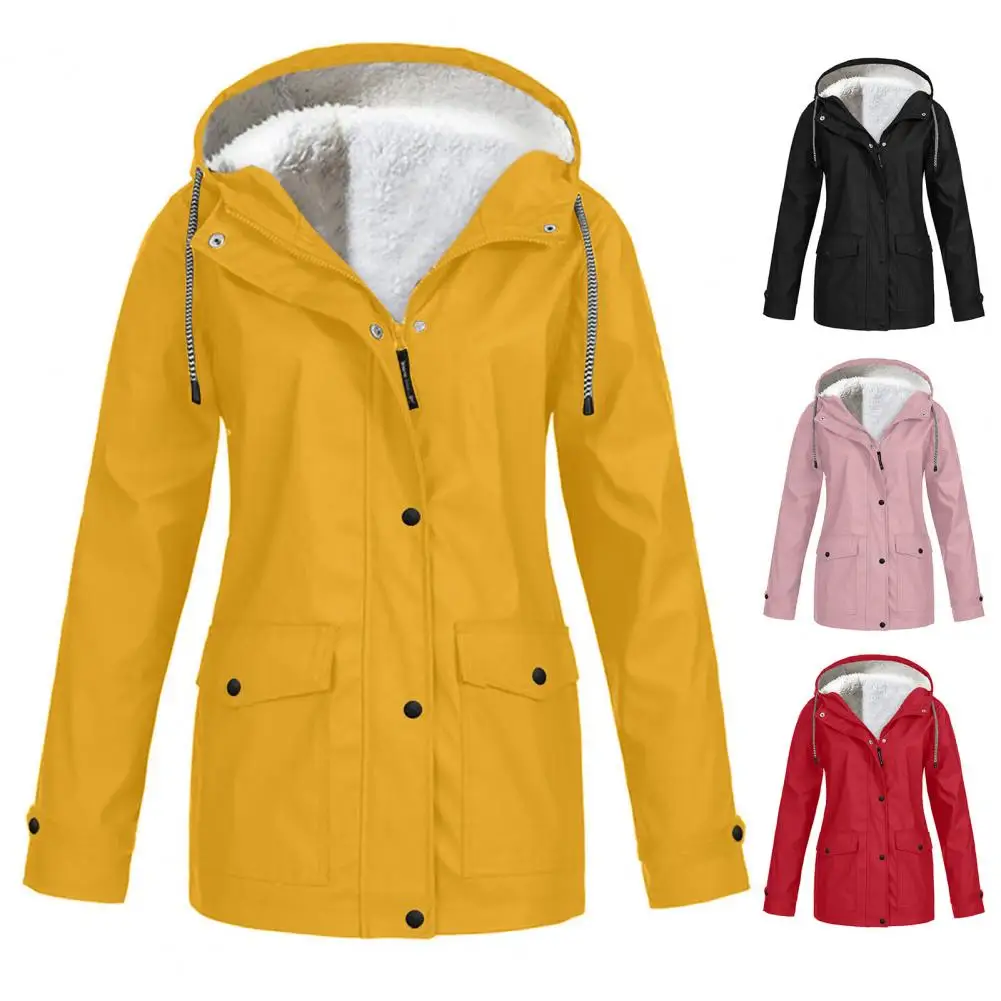 

Waterproof Hooded Jacket Long Sleeve Autumn Winter Lightweight Raincoat Solid Color Pockets Coat