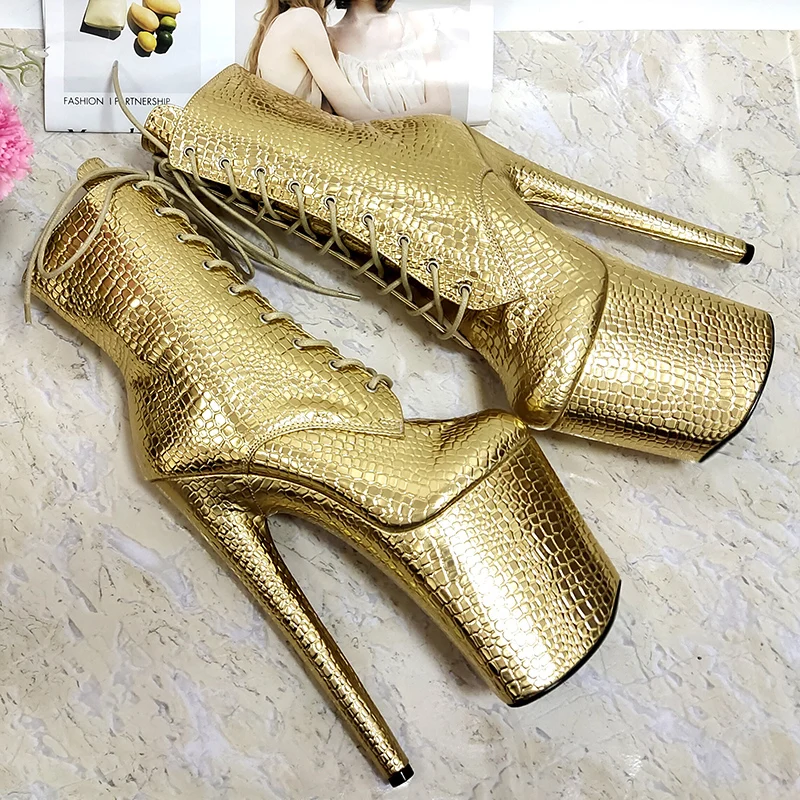 

New Style Sexy Motorcycle Lace Up 20cm Gold Pole Dance Shoes Ankle Boots Platform Gladiator Nightclub 8Inches High Heels Exotic
