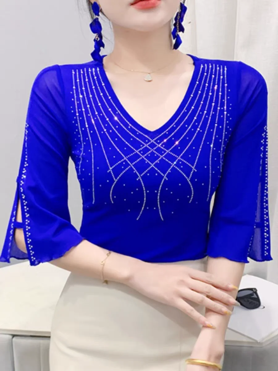 2025 Summer New T Shirts Mesh Tees Fashion Cross Hollow-Out Rhinestone Slim-Fit Half Sleeve Stylish Women's Top