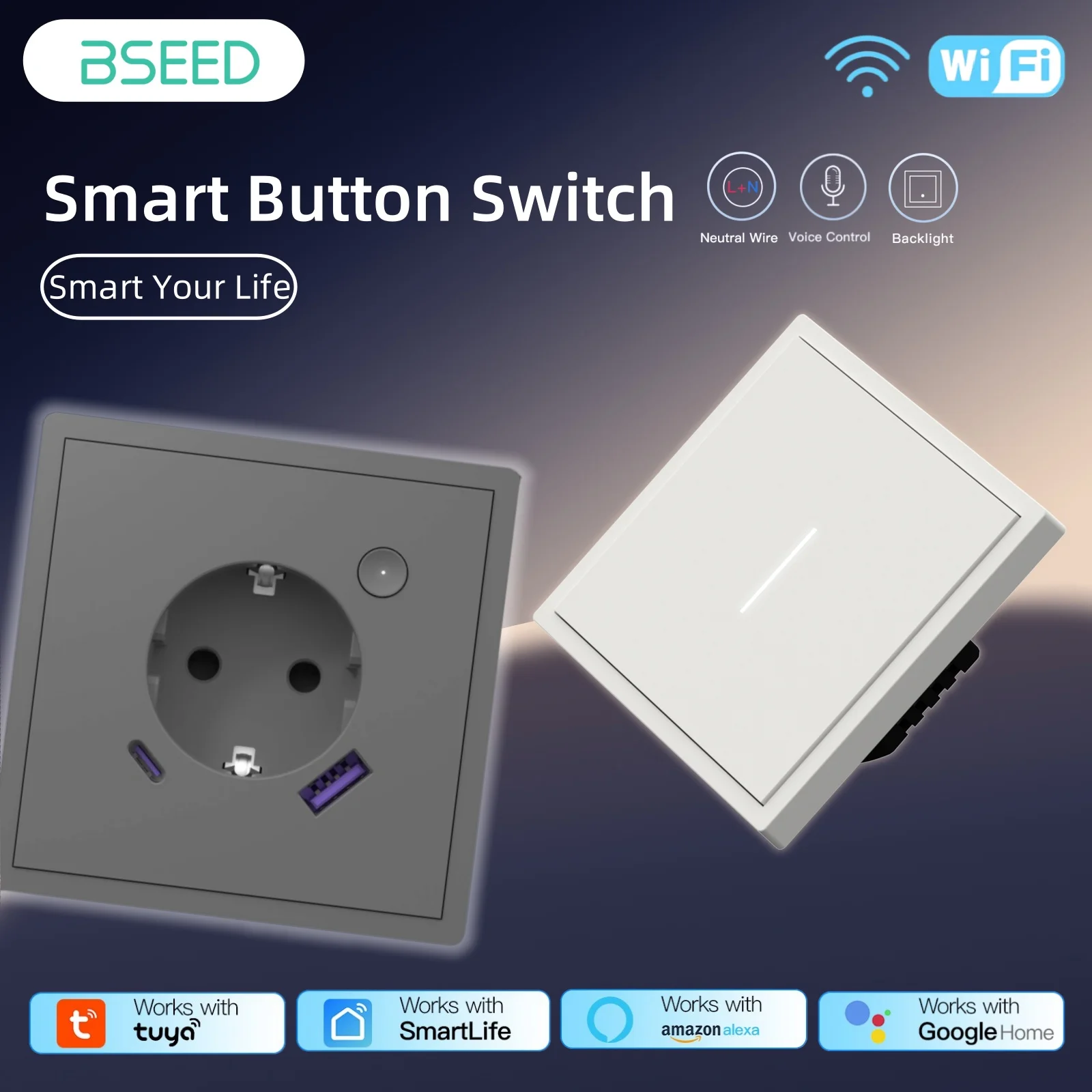 

BSEED Wi-Fi 1/2/3/4Gang настенный светильник, переключатели затвора для штор, мягкая кожа, гладкие кнопки, умная розетка европейского стандарта с 20 Вт USB-C