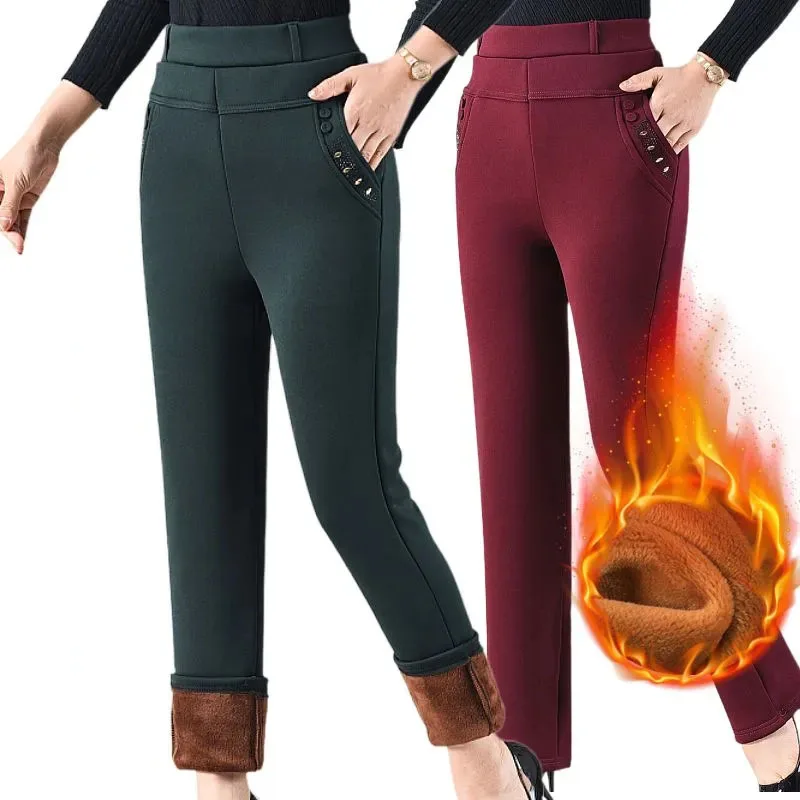 Pantalones holgados de pierna recta para mujer, Pantalón liso de encaje con bolsillos y botones, cintura alta, otoño e invierno, 2024