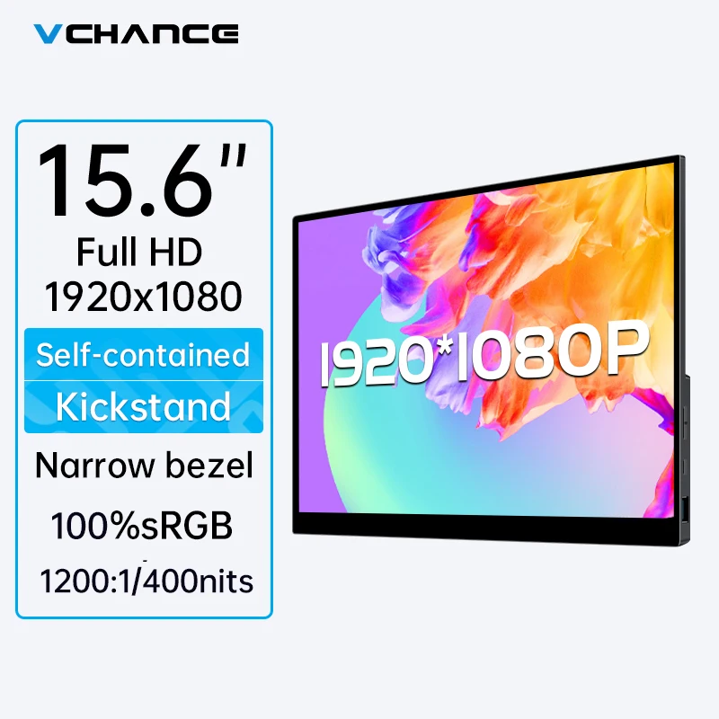 VCHANCE 풀 HD 휴대용 모니터, PC 노트북 Ps4/5 스위치 Xbox용 초박형 게이밍 디스플레이, 1080p HDR 히든 스탠드, 15.6 인치 