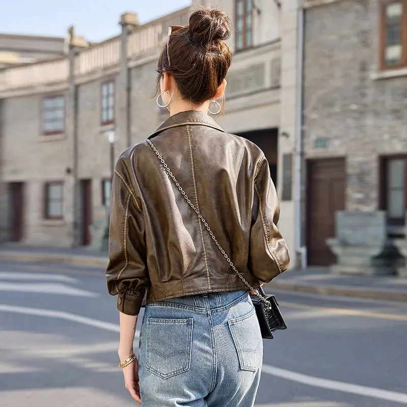 Chaqueta de cuero de otoño para mujer, abrigo de cuero PU para mujer, chaquetas de cuero holgadas cortas a la moda para motocicleta, abrigos para mujer 2025 ﻿