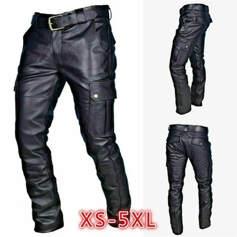 

New 2024 Men's Casual Pure Color PU Leather Pants Belted Straight Leg mid Waist Trousers Comfortable Loose Fit Streetwear