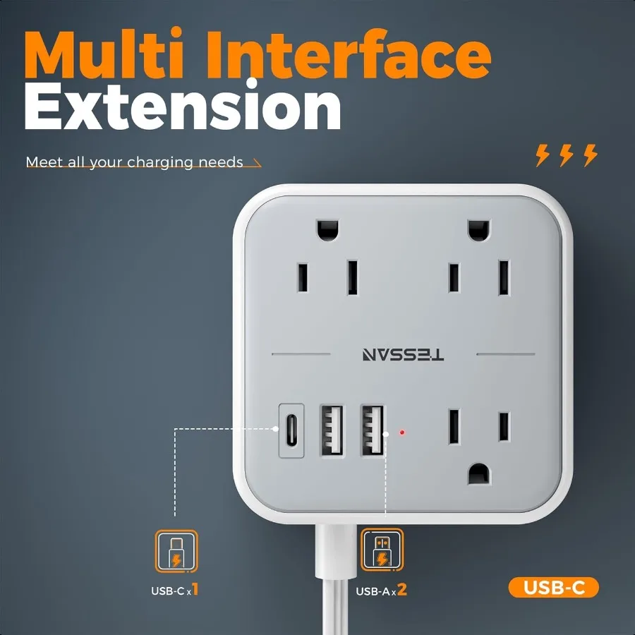 Ultra Thin Flat Extension Cord 5 FT TAN Slim Power Strip with USB Ports 1 USB C Surge Protector Flat Plug Wall Charger with 3 O