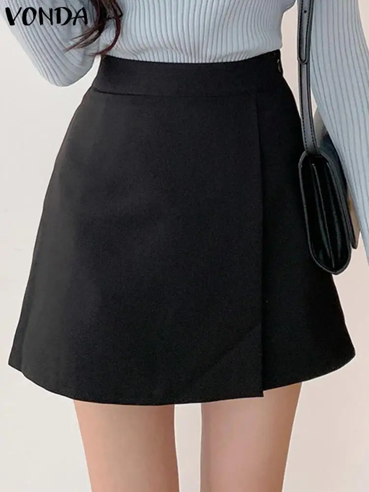 VONDA 2024 Summer Elegant Office Skirts Women Fashion High Waist Short Mini Skirts Pleated Casual Solid Color A-Line Vestidos