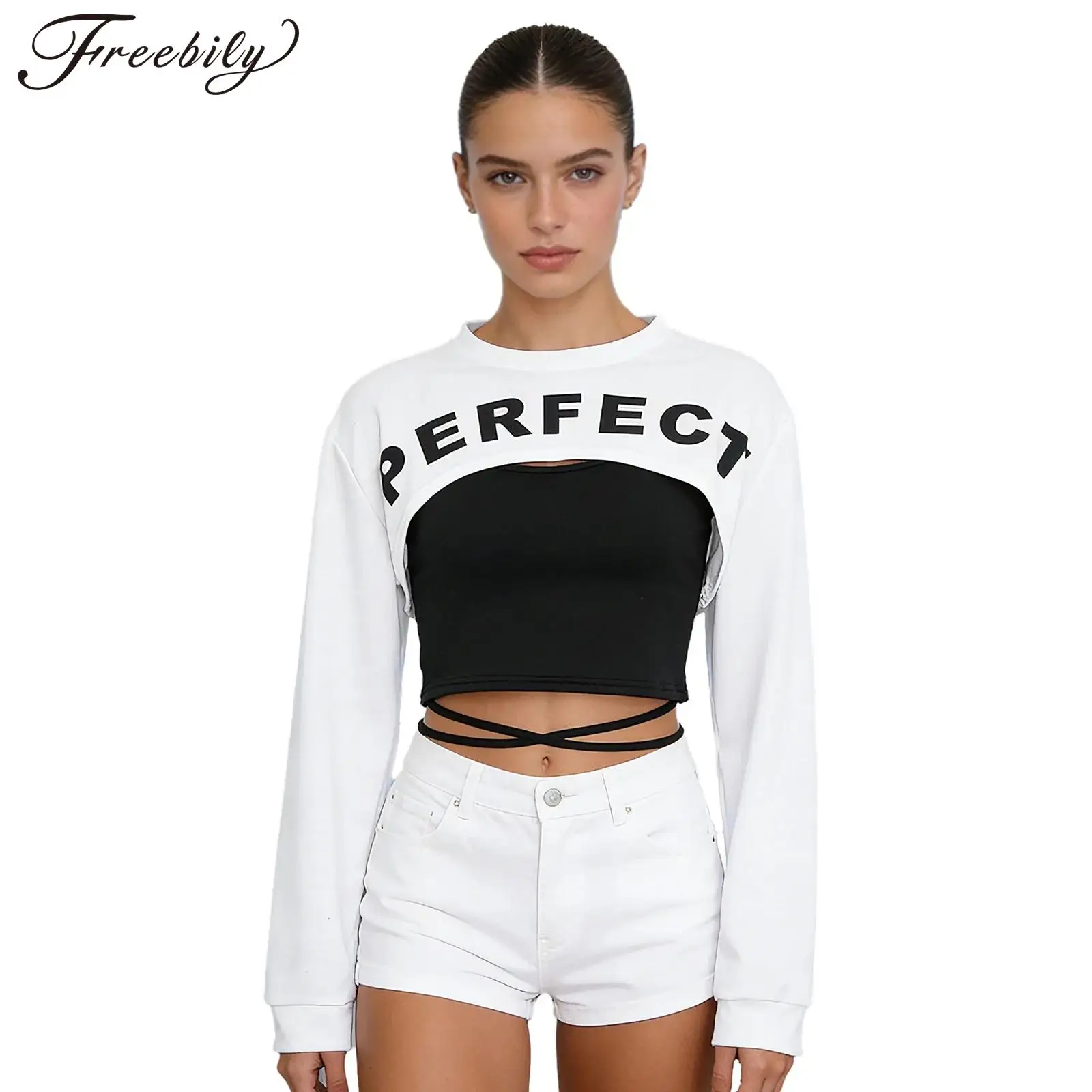 

Женские топы для джазовых танцев с длинными рукавами, укороченный топ с буквенным принтом и шнуровкой, повседневный жилет без рукавов