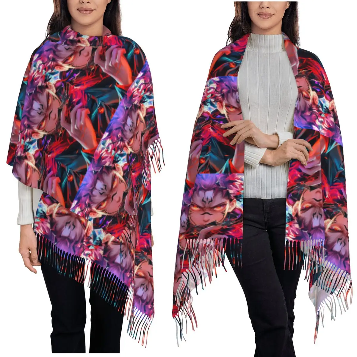 

Крутой аниме Sukuna Jujutsu Kaisen Манга Шарф Шарфы с кисточками для женщин Мягкие теплые шали и накидки Большая осенне-зимняя шаль