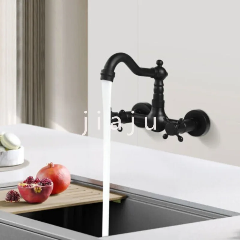 Kitchen Sink Faucet Center Wall Mount 2-Handle Restaurant Sink Mixer Tap Retro Black 360° Swivel Tap Commercial/Household