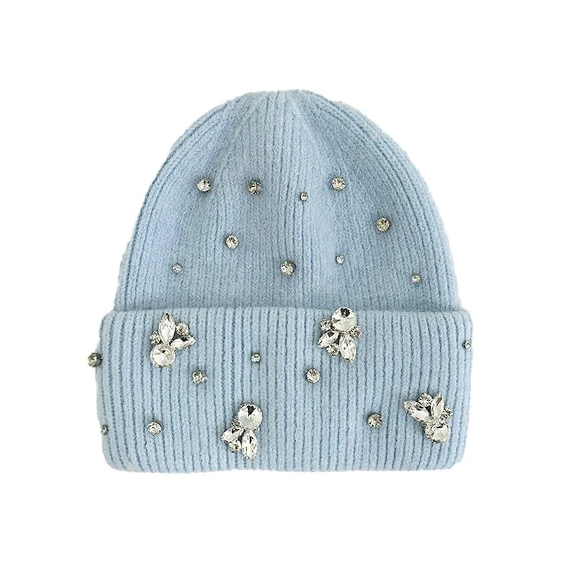 Luxury Rhinestone Knit Hat Women Winter New Korean Big Head Beanies Wind  Cold Warm Ear Protection Skullies Hat