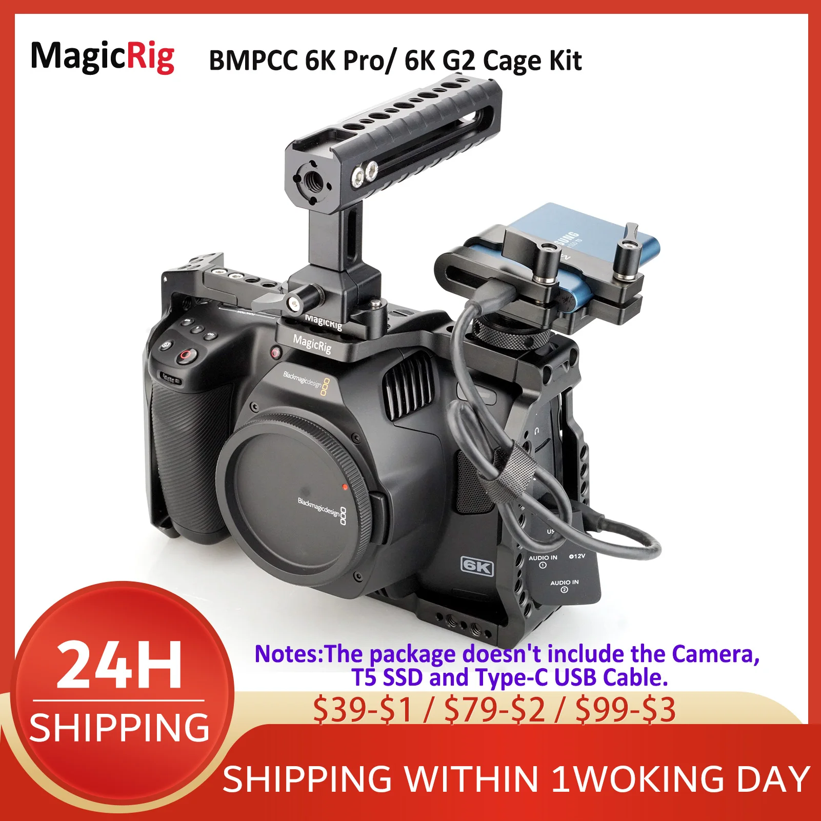 MAGICRIG BMPCC 6K Pro/G2 Pełna klatka operatorska z uchwytem NATO, szyną NATO i mocowaniem T5 SSD do kamery Blackmagic Design Pocket Cinema Camera 6K Pro