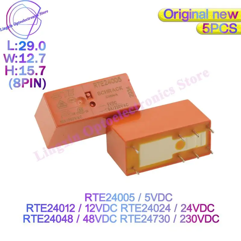 5Pcs/Lot Power Relays 5V 12V 24V 48VDC 230VAC RTE24 8PIN 8A 250VAC RTE24005 RTE24012 RTE24024 DPDT 2 Form C 100% Original New