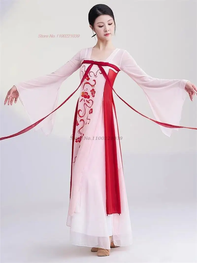 2025 national chinese dance performance wear flower print dress+pants set elegant folk costume classical stage dance dress