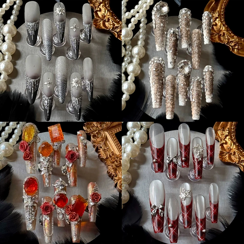

Spice Girl Long Coffin Stiletto French Full Cover Nail Light Luxury Shining Diamond Flowers Butterfly Pearl Reusable Fake Nail