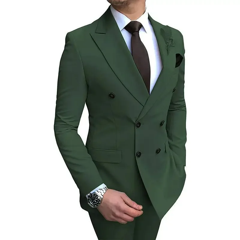 

KIDWHXR Men Suit Outfit Long Sleeve Double-breasted Blazer Man Straight-leg Pant Male Simple Solid Color Slim 2-piece Set